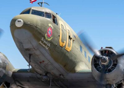 "Close-up of Betsy the Bomber, a historic C-47 aircraft, showcasing its vintage design and military heritage."